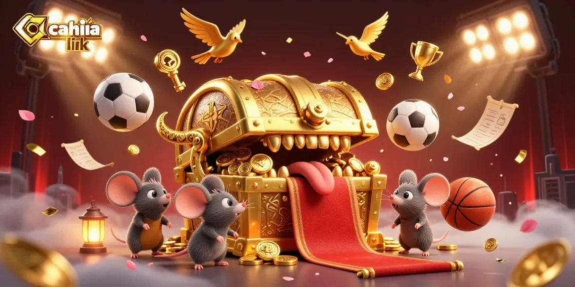 Engage with the vibrant cakhia link world, as adventurer mice explore a treasure chest surrounded by sports symbols.