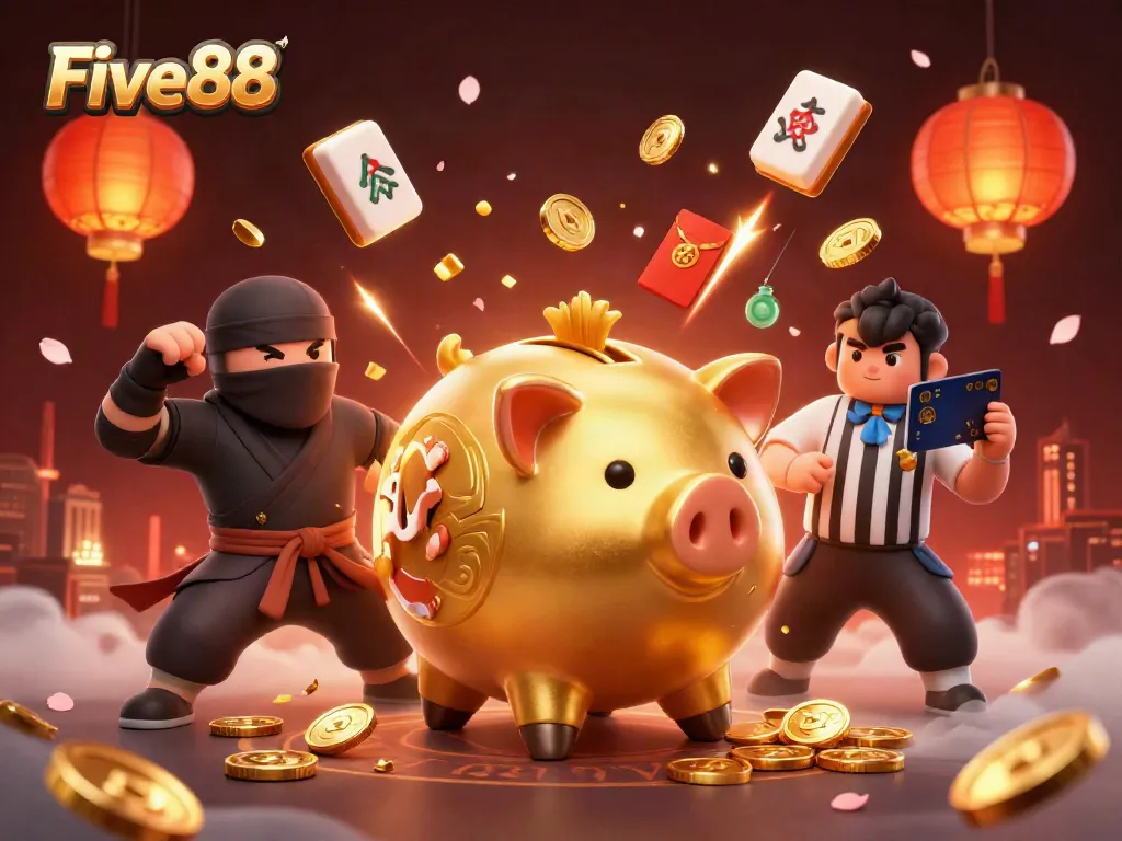 Engage in thrilling Five88 casino action with a vibrant sumo wrestler and ninja characters amidst dynamic gaming elements.