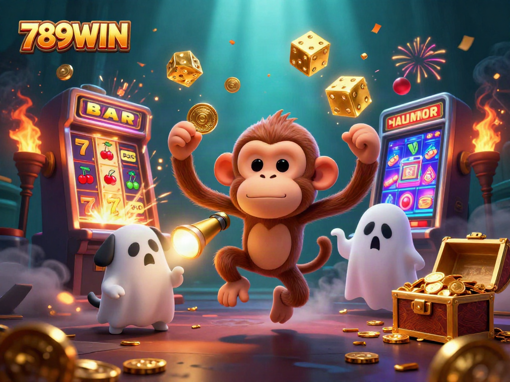 Engage with thrilling slots at 789WIN with this vibrant, overflowing casino scene showcasing jackpots and fun.