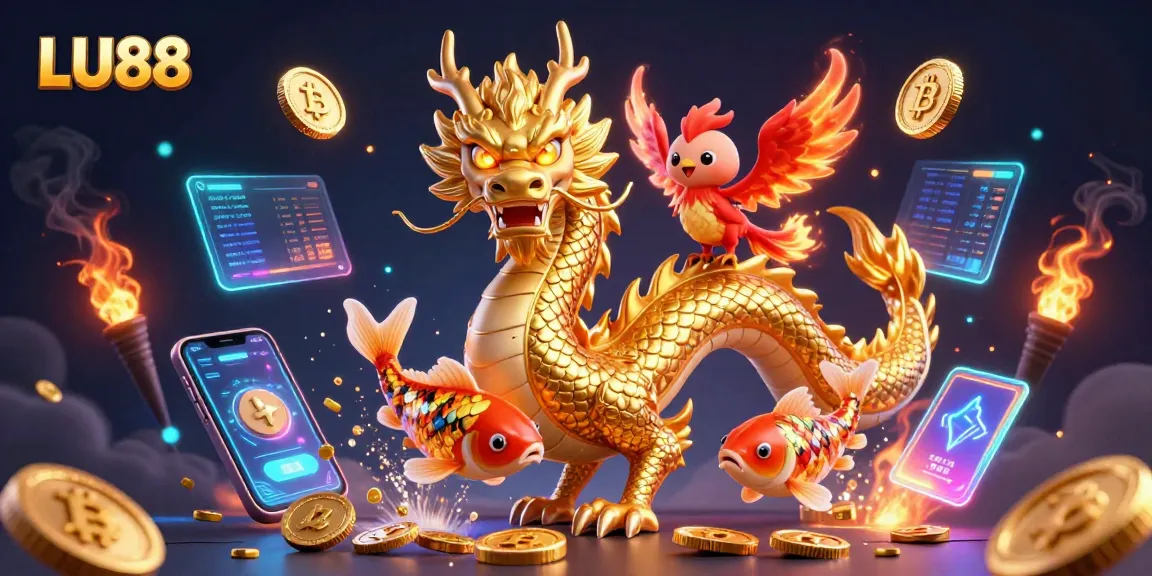 Experience LU88's thrilling gameplay with a golden dragon, phoenix, and koi in a vibrant casino-themed scene.