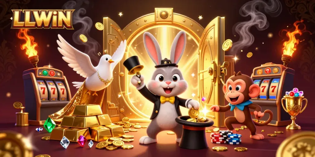 Experience thrilling LLWIN excitement with a magician rabbit, gem-filled treasure vault, and playful monkey in this casino scene.