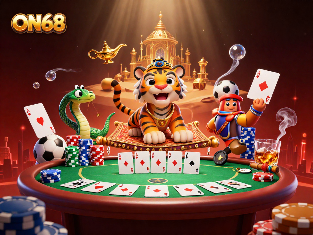 Engage with ON68's vibrant casino scene showcasing thrilling poker action and dynamic game elements.