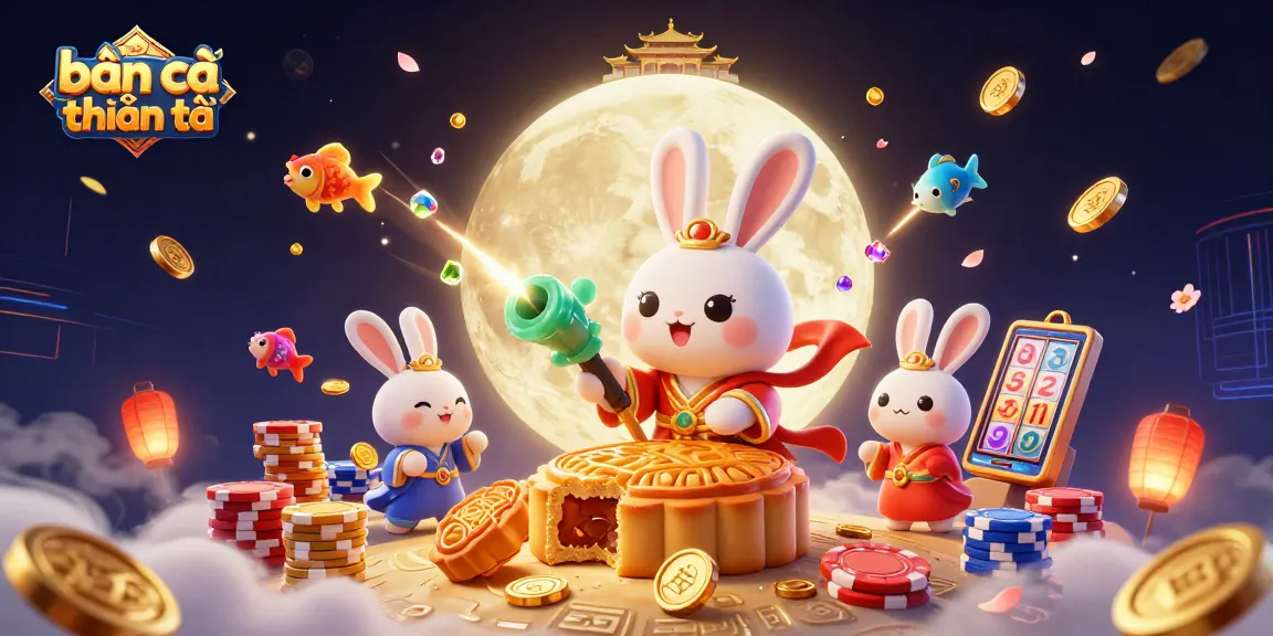 bắn cá thần tài scene showcasing a moon rabbit playing fish shooting games with vibrant colors and rich casino elements.
