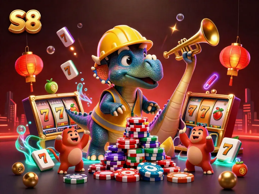 S8 casino scene with cartoon characters building poker chip pyramid and celebrating with slot reels.
