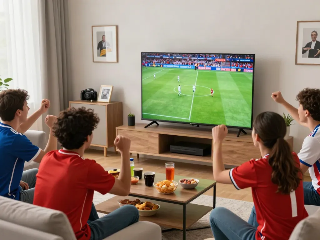 Excited fans watching a live soccer match on Socolive in a vibrant living room.