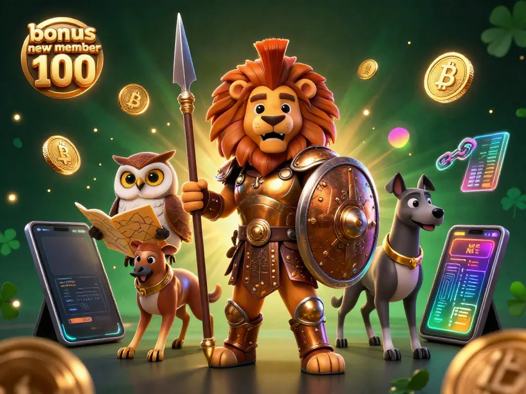 Experience the thrill of a 3D scene showcasing the bonus new member 100 in a vibrant casino atmosphere with dynamic cryptocurrency elements.