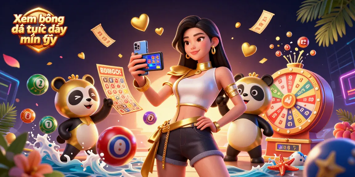 Xem bóng đá trực tiếp miễn phí on a vibrant digital scene featuring an elegant woman and golden panda mascot.
