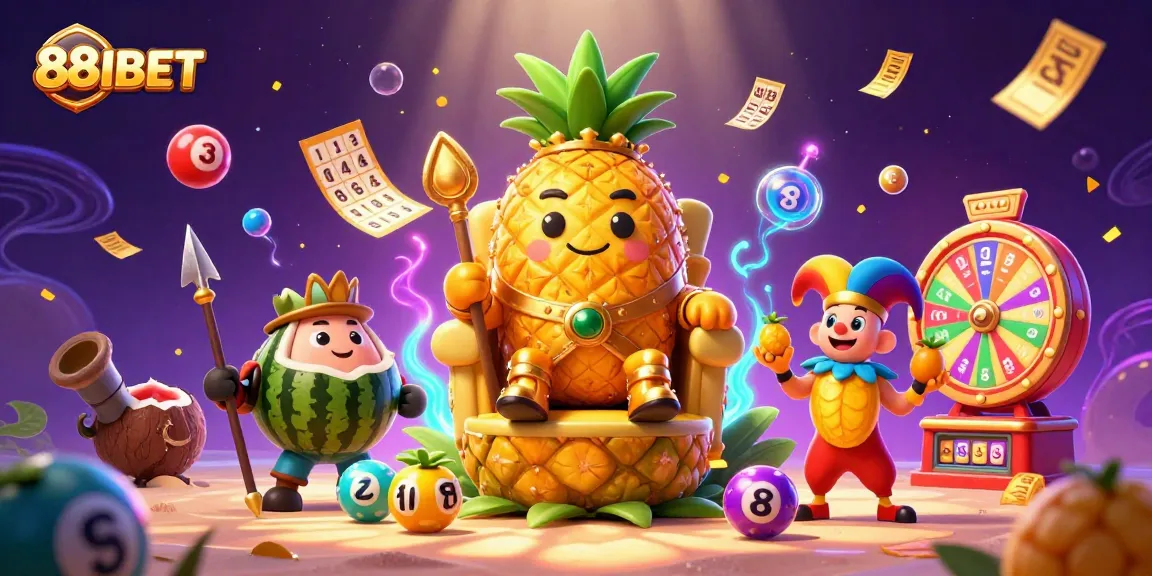 Win big with 88IBET's lively casino scene featuring the golden pineapple king and vibrant game elements.