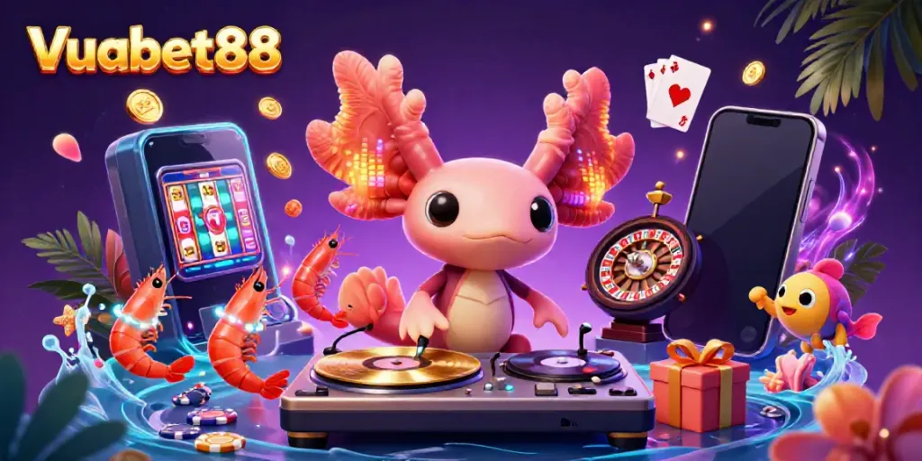Experience thrilling gaming at Vuabet88 with vibrant underwater scene featuring slots and dynamic characters.