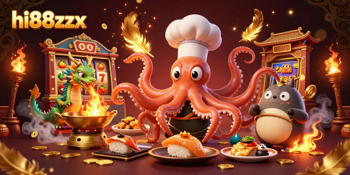 Experience excitement at hi88zzx with sushi chef octopus and dragon in a dynamic casino scene.