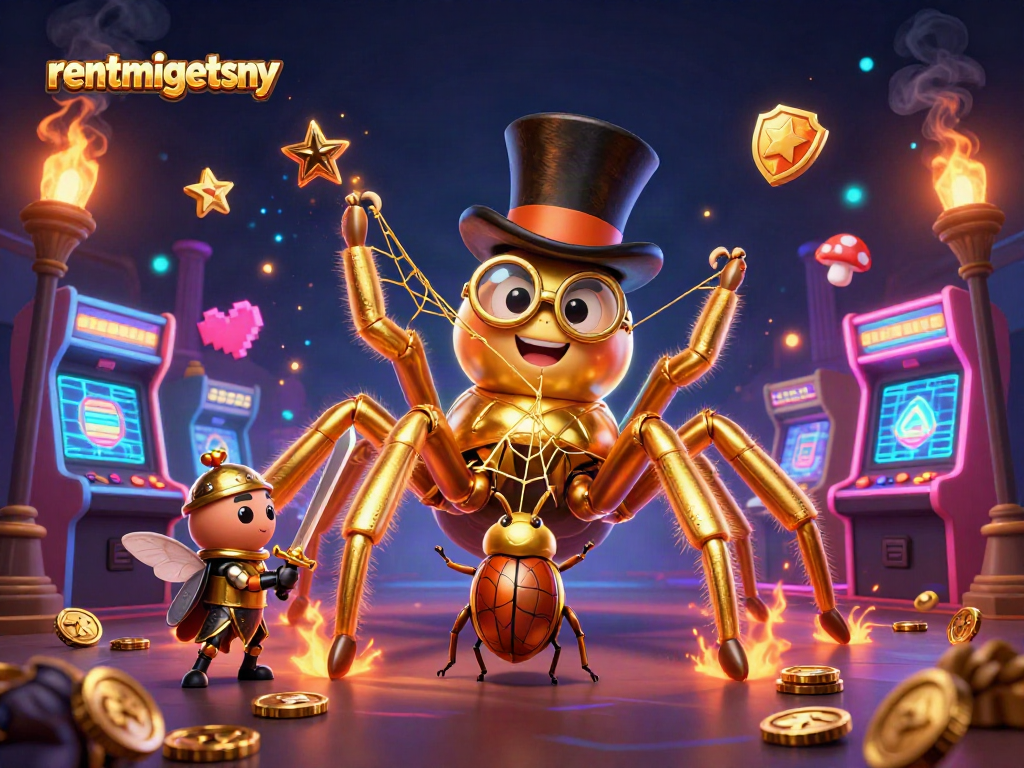 Engage with the colorful world of rentmidgetsny through an animated casino adventure featuring a golden tarantula.