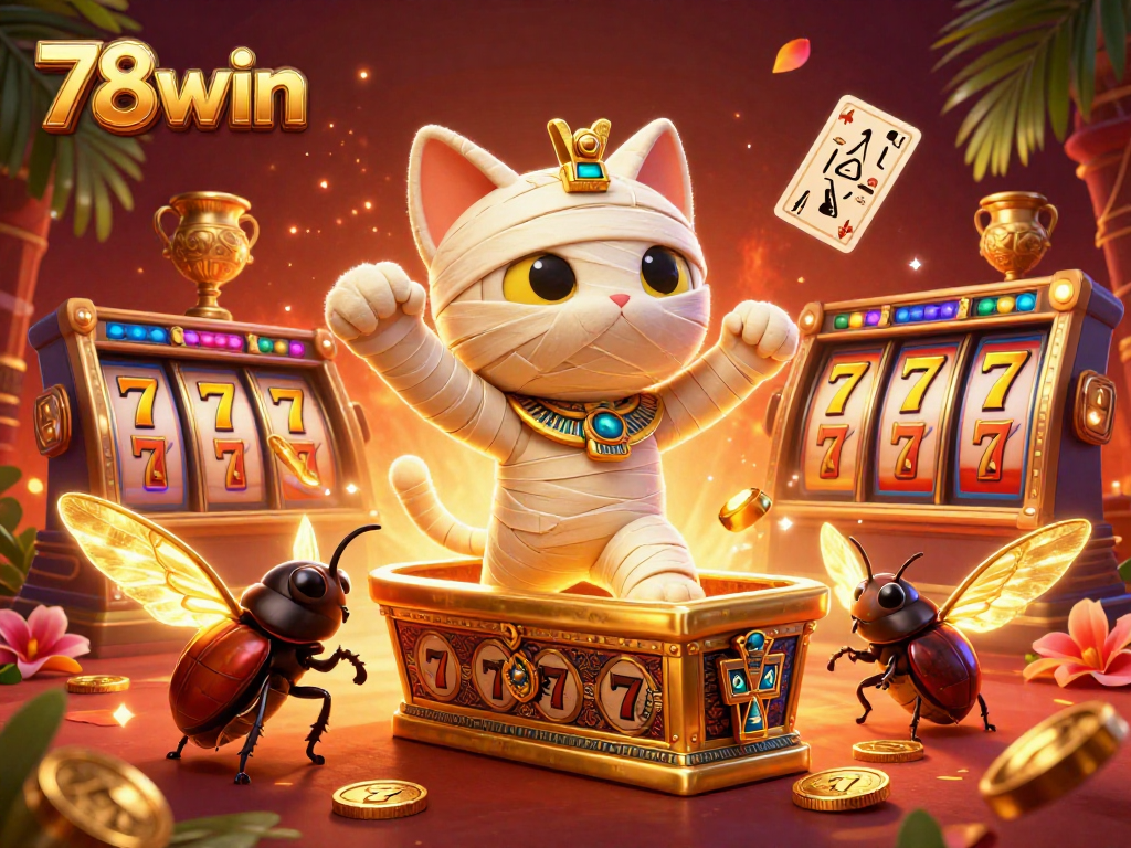 Experience the excitement of 78win with a dynamic scene featuring a mummy cat in a vibrant casino.