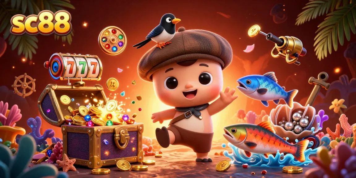 Engage with the sc88 online casino world featuring playful cartoon Nessie, slot reels, and treasure.