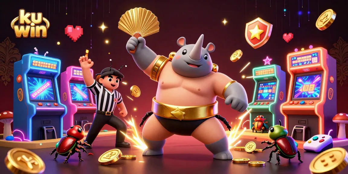 Engage in thrilling gameplay at ku win, where a sumo beetle champion celebrates with flying coins and vibrant arcade elements.