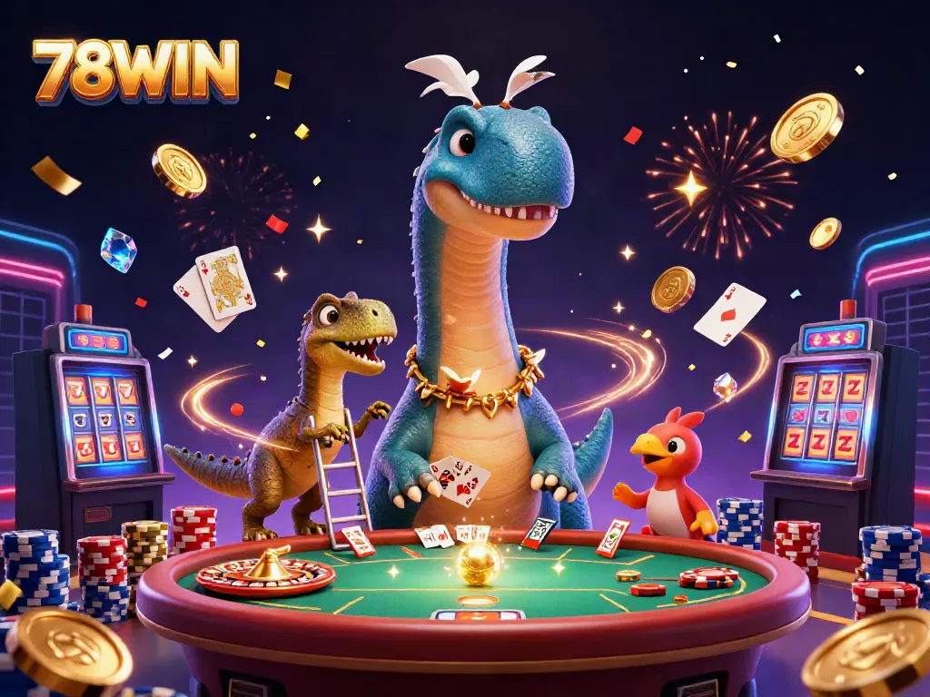 Experience thrilling gameplay with 78WIN as the brontosaurus watches over a poker table in a vibrant casino scene.