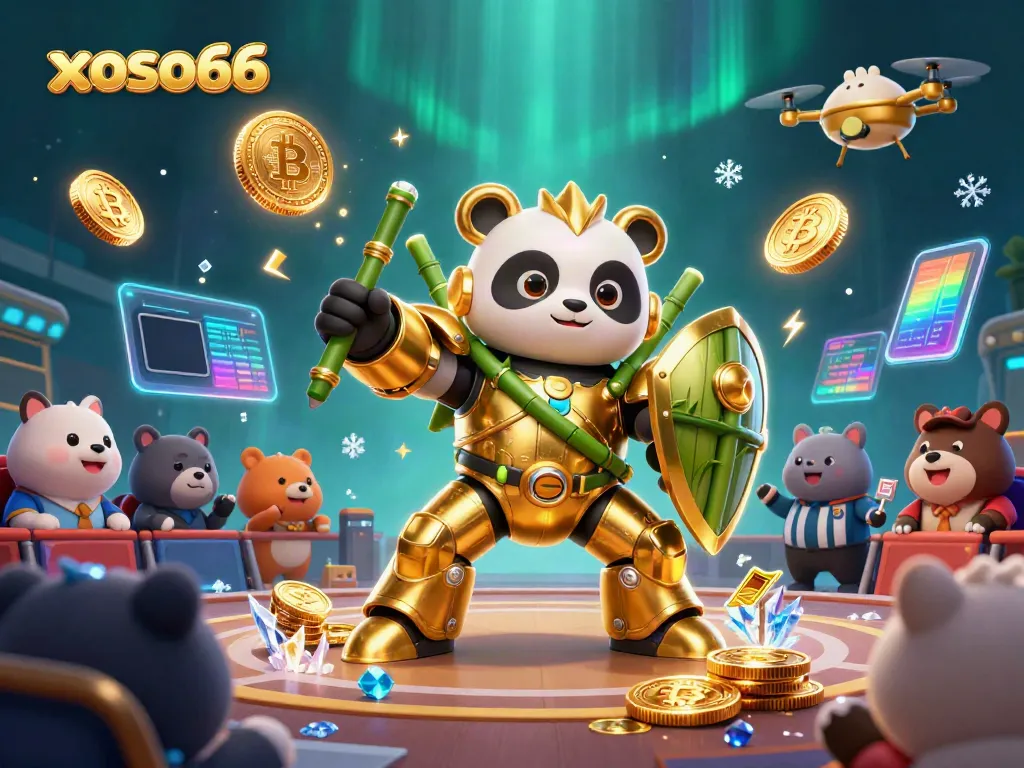 Engage with xoso66's fun lottery experience alongside a golden panda in a vibrant arena.