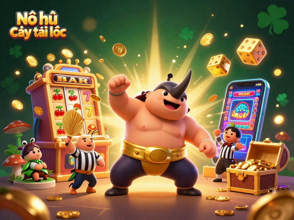 Nổ hũ cây tài lộc gameplay action featuring a 3D cartoon rhinoceros beetle champion amidst a jackpot explosion of coins