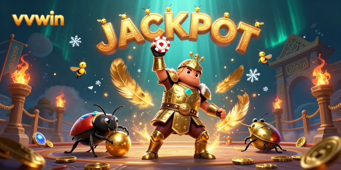Experience vvvwin's thrilling victory in a vibrant 3D illustration of a gladiator beetle celebrating a jackpot.