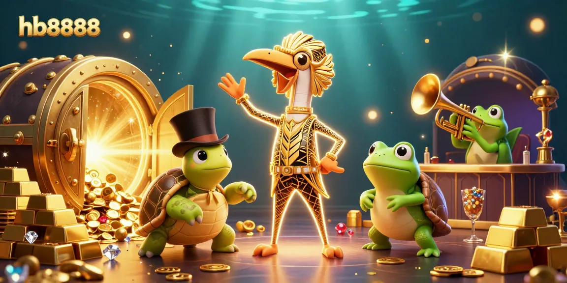 Play exciting games at hb8888, featuring a melodic frog, classy turtle, and a golden treasure vault in a vibrant scene.