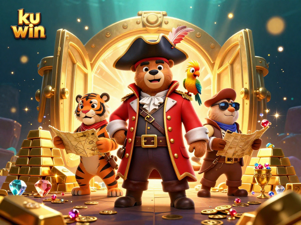 ku win pirate-themed illustration featuring characters amidst treasures and casino elements