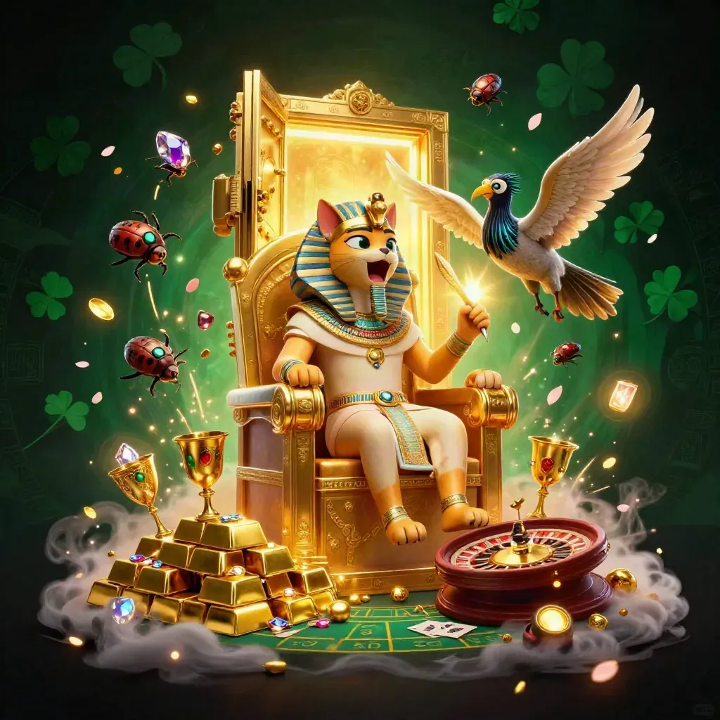 Pharaoh cat throne scene with treasure vault, ibis scribe, scarabs, and casino elements