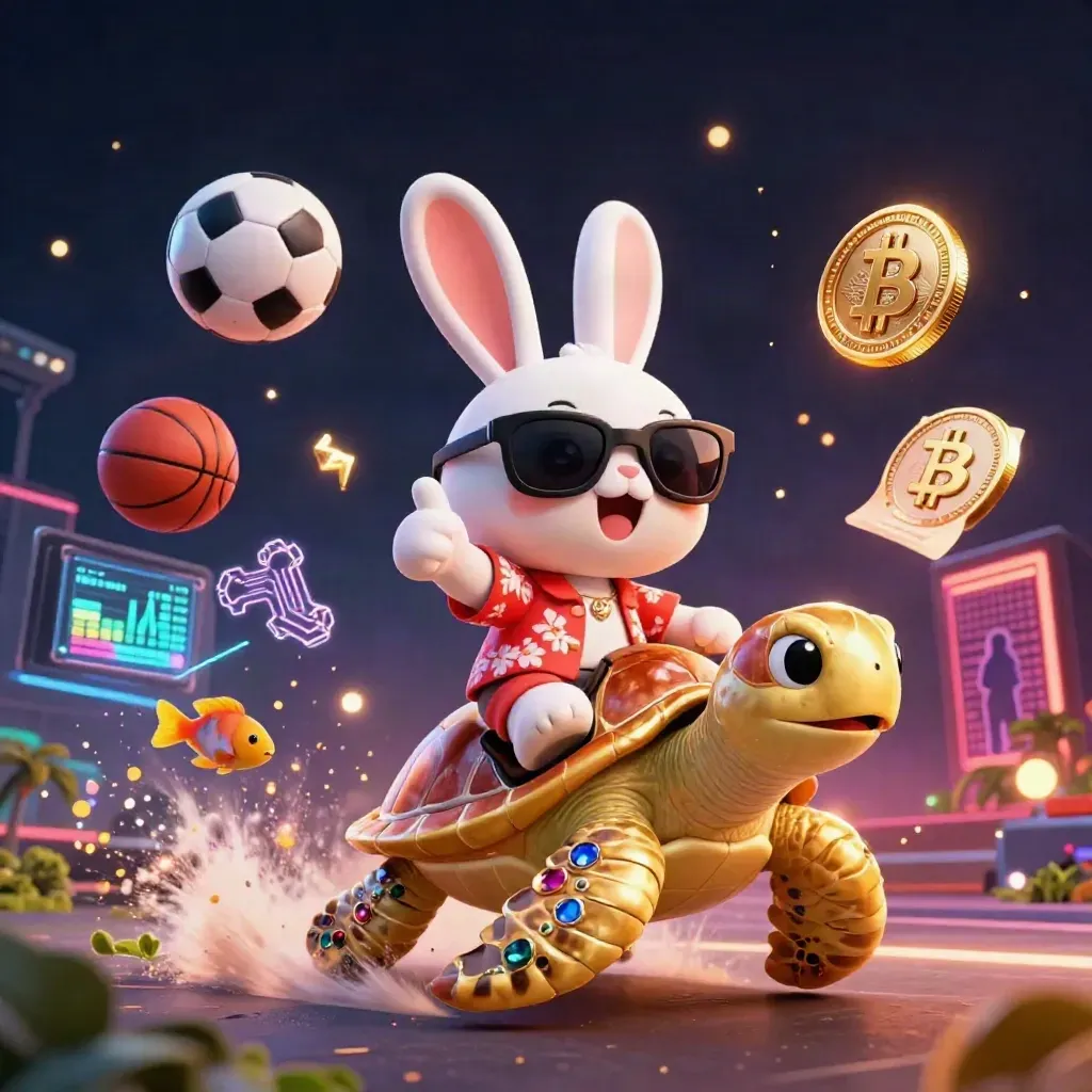Lucky rabbit on a gem-turtle with sports balls and neon casino effects in a dark futuristic field