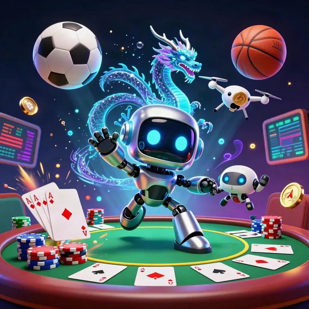 Cyberpunk robot, holographic dragon and drone over casino table with balls, chips and neon glow.