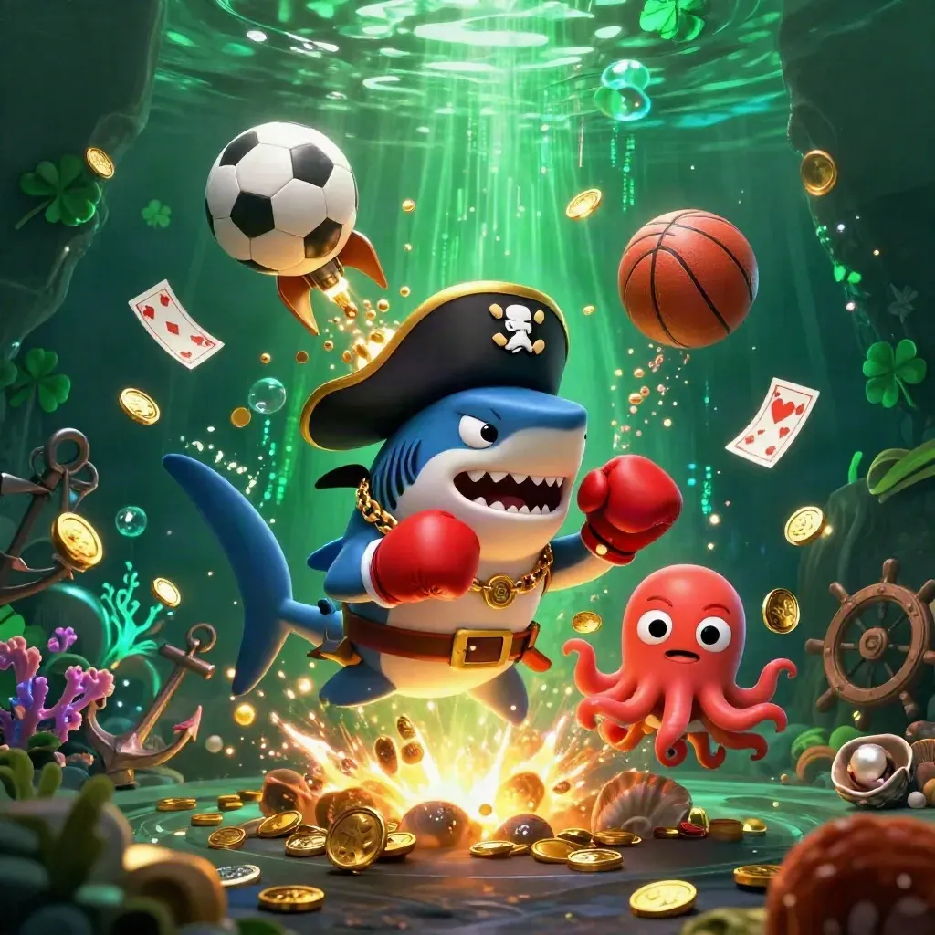 Pirate shark, boxing pufferfish and coin-juggling octopus amid treasure glow, balls, coral and cards.