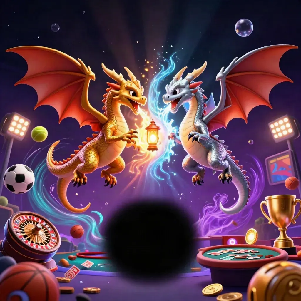 Twin dragons with fire and ice, casino props, neon treasure, dark premium game art.