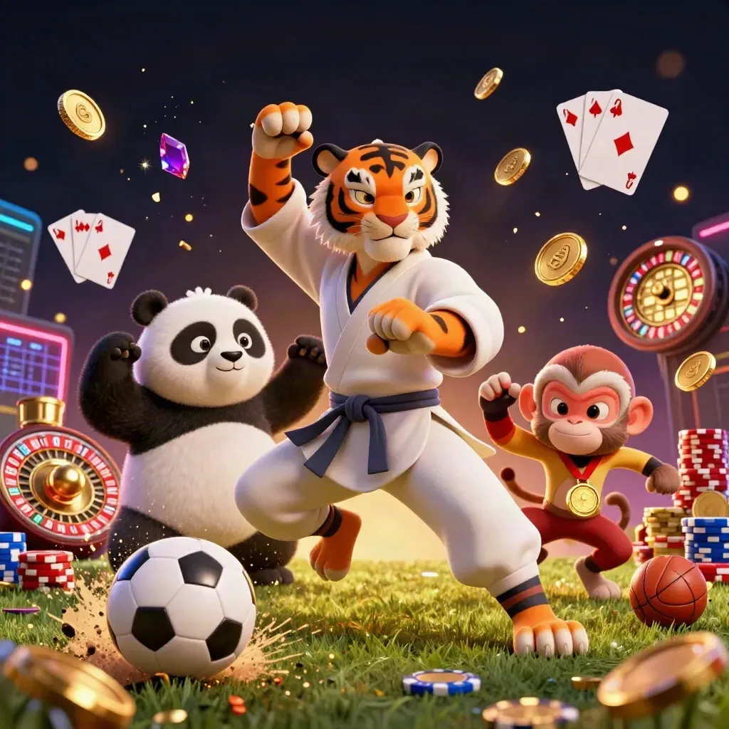 Kung-fu tiger, panda and monkey amid casino sports bursts, coins, cards and glowing lights.
