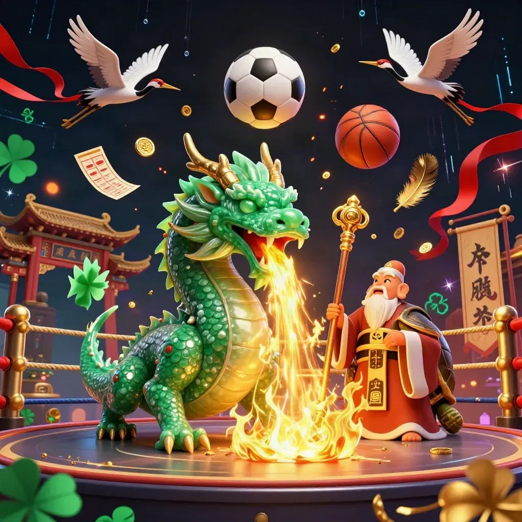 Emerald dragon, turtle sage and cranes amid a torch-lit ring with balls, coins and golden fire.