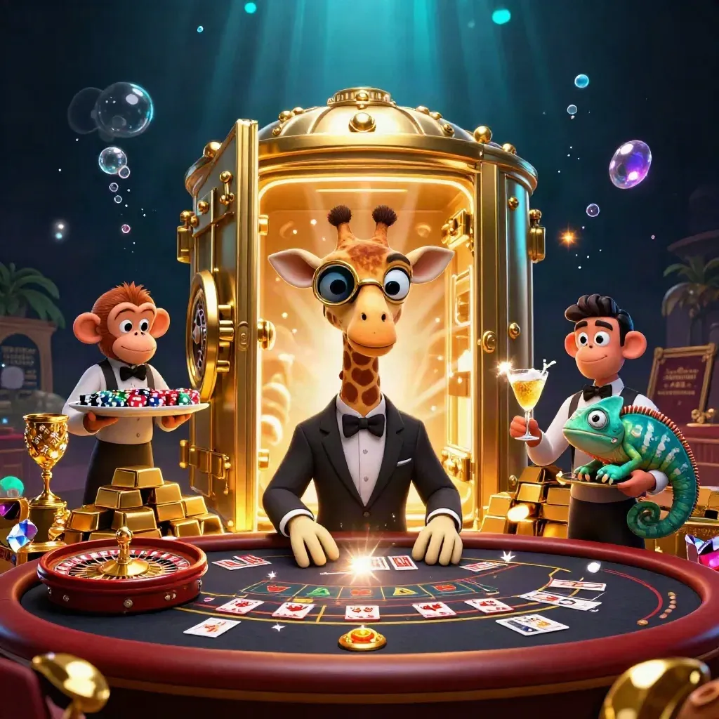 Giraffe high-roller, monkey valet and chameleon bartender in a luxe neon casino tableau.