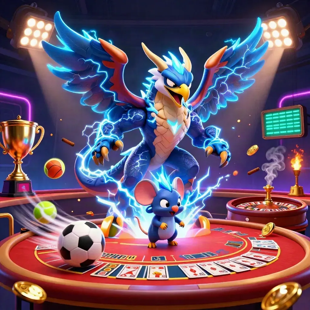 Thunder dragon, wind hawk, and static mouse amid neon casino lights, trophies, coins, and sports balls
