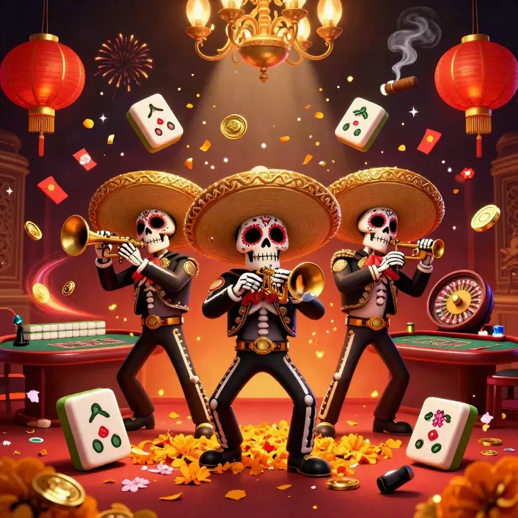 Day-of-the-Dead skeleton mariachi trio amid casino lights, tiles, lanterns and fireworks