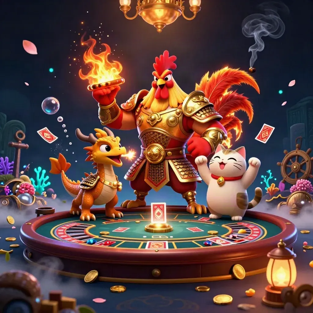 Rooster warrior, dragon hatchling, and fortune cat in a luxe casino scene with roulette and treasure.