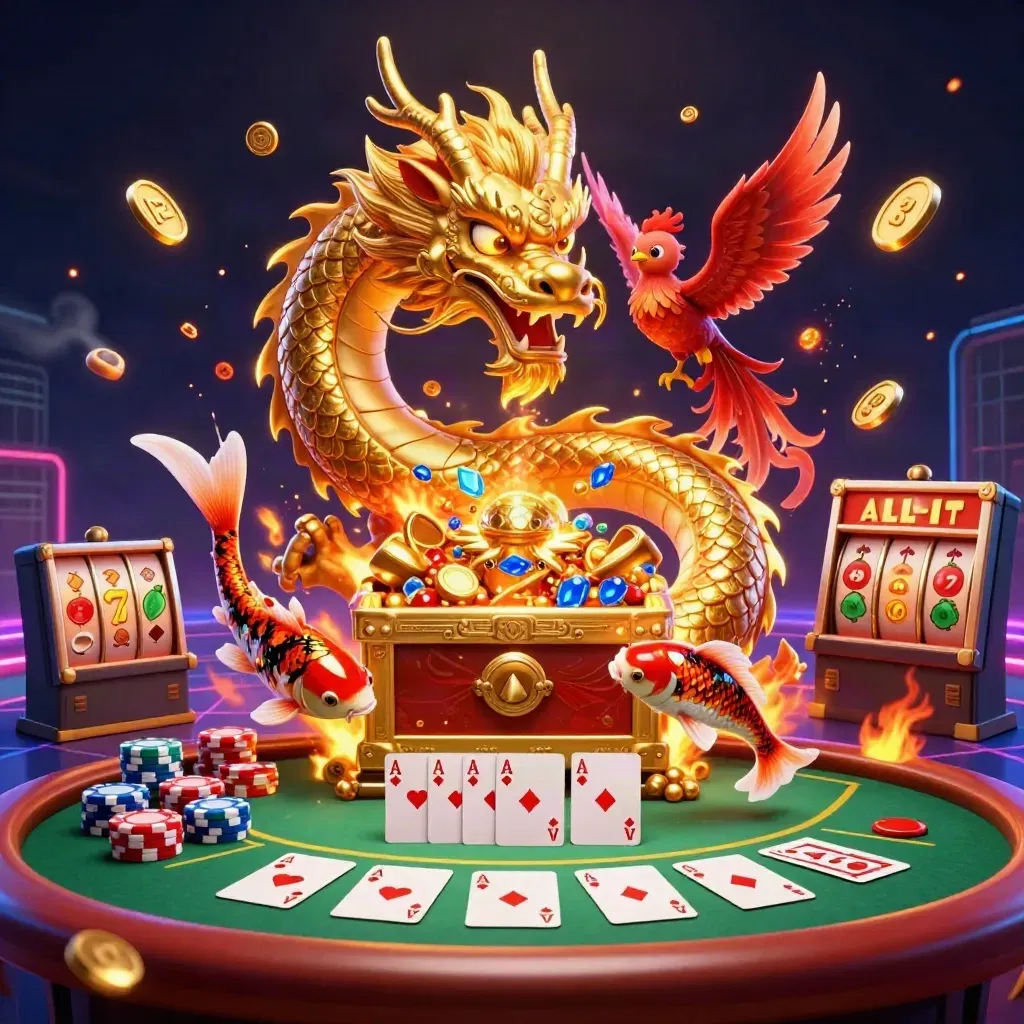 Golden dragon, phoenix and koi amid casino cards, chips, reels, embers and neon grid.