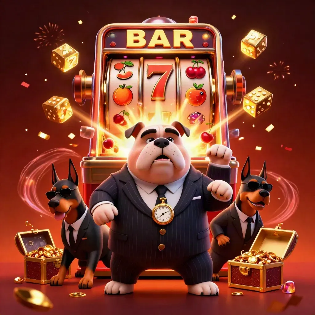 Bulldog boss and Doberman guards amid exploding slots, gold, dice and fireworks.