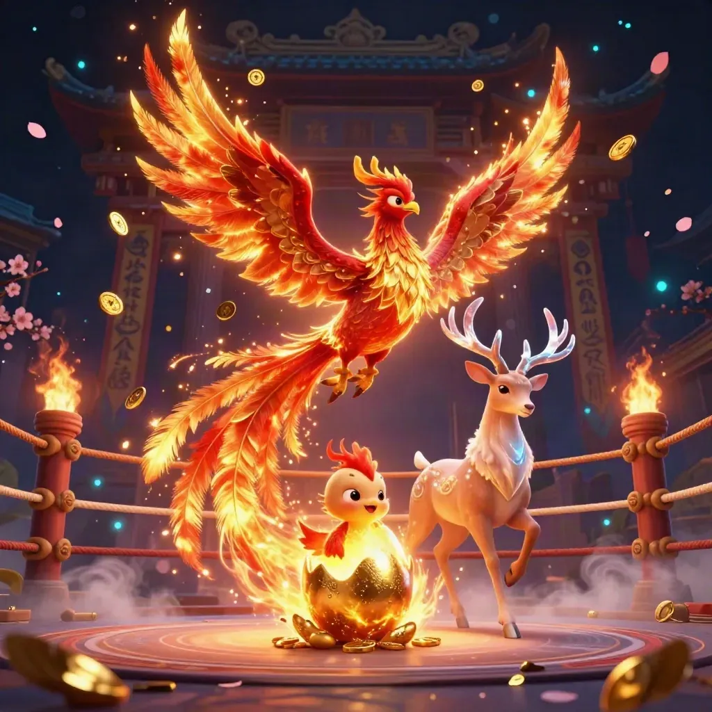 Crimson phoenix, hatchling, and crystal-antlered stag amid gold, embers, and temple ruins