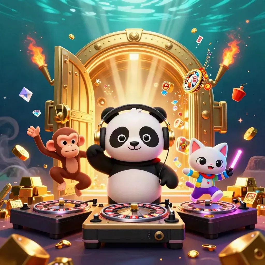 DJ panda, breakdancing monkey, and glow-stick kitten burst from a gold vault underwater.