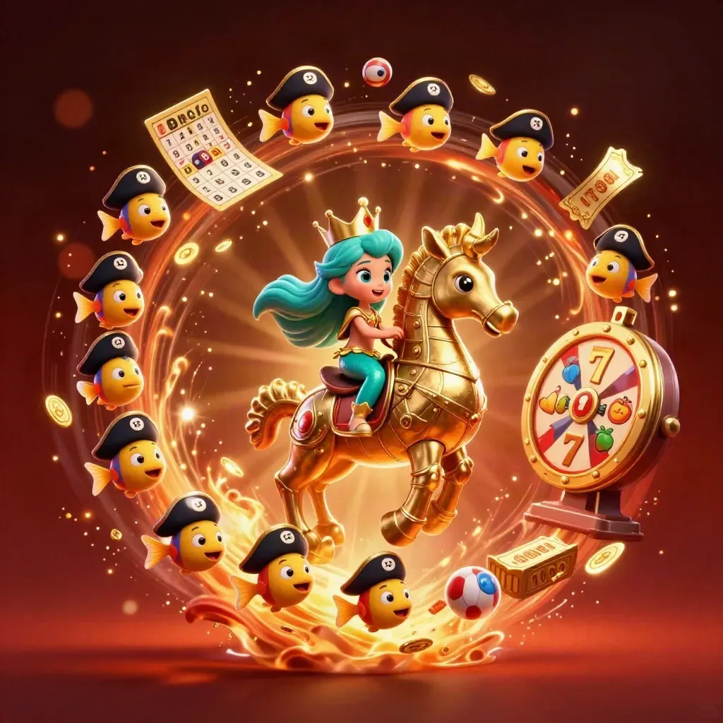 Mermaid princess on a gold seahorse amid casino prizes, fish pirates, and glowing treasure.