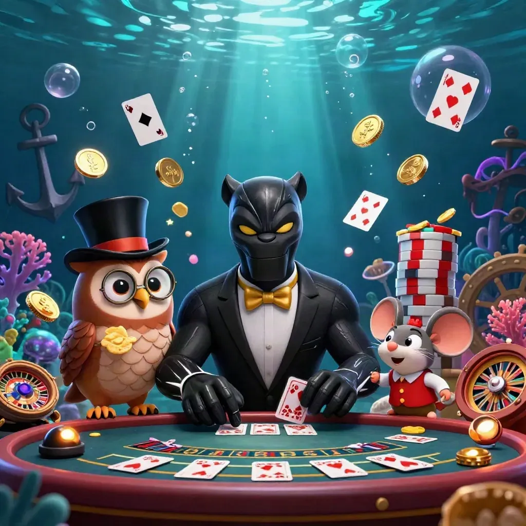 Panther, owl, and mouse in a glowing underwater casino treasure scene with coins, cards, and neon glow.