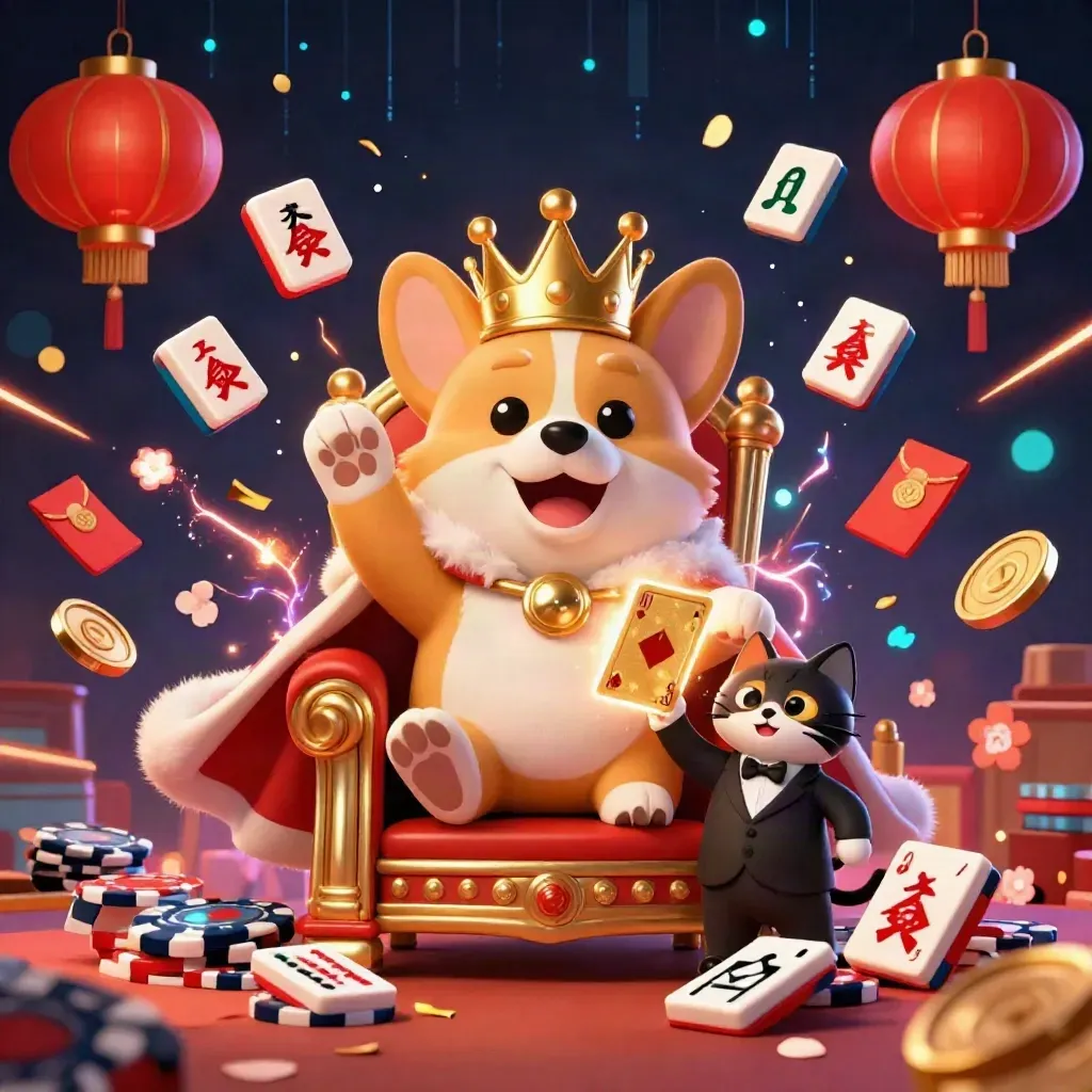 Royal corgi and cat butler amid casino magic, chips, coins, lanterns, and neon sparks.