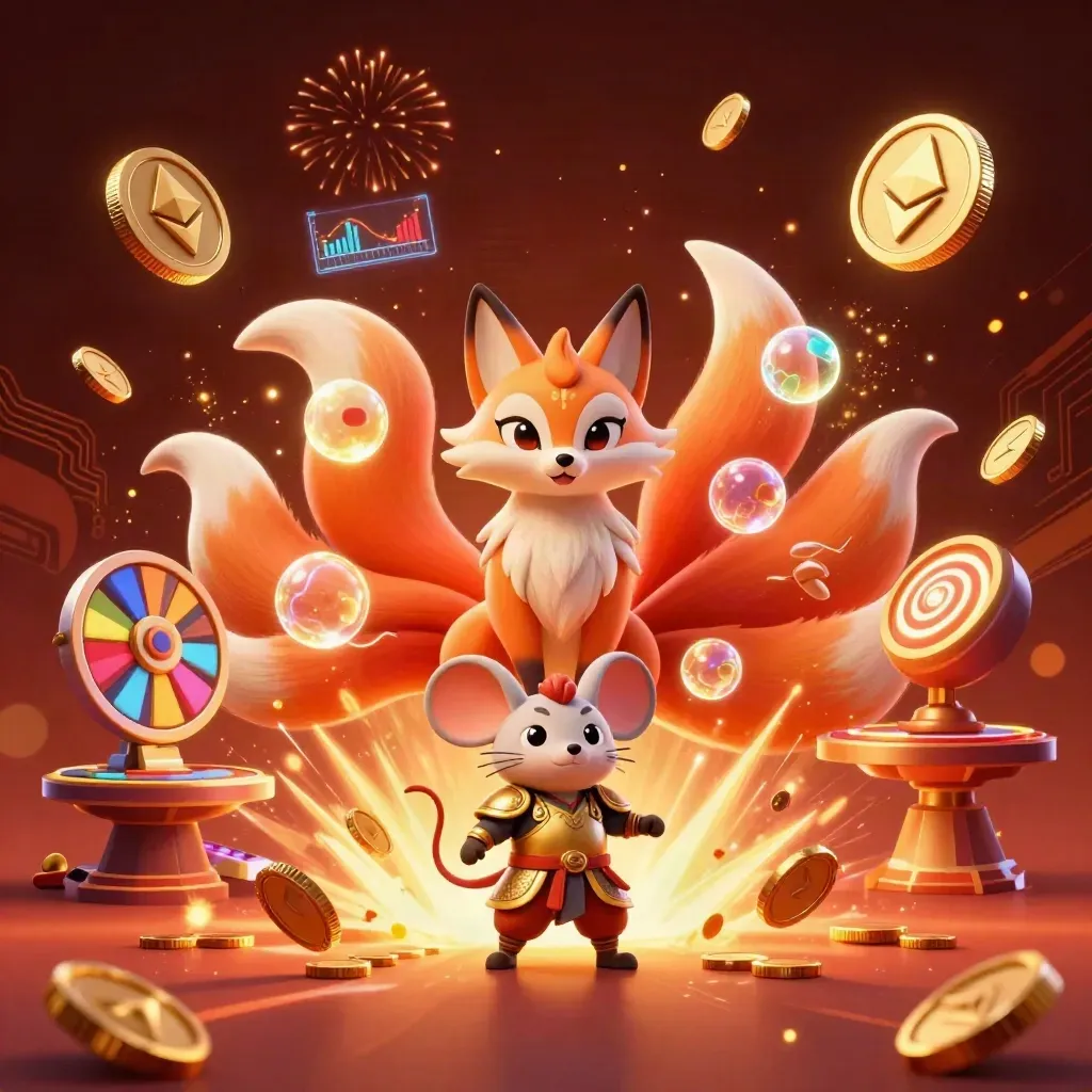 Neon fox spirit and samurai mouse amid coins, roulette wheel, cards, and glowing crypto effects.