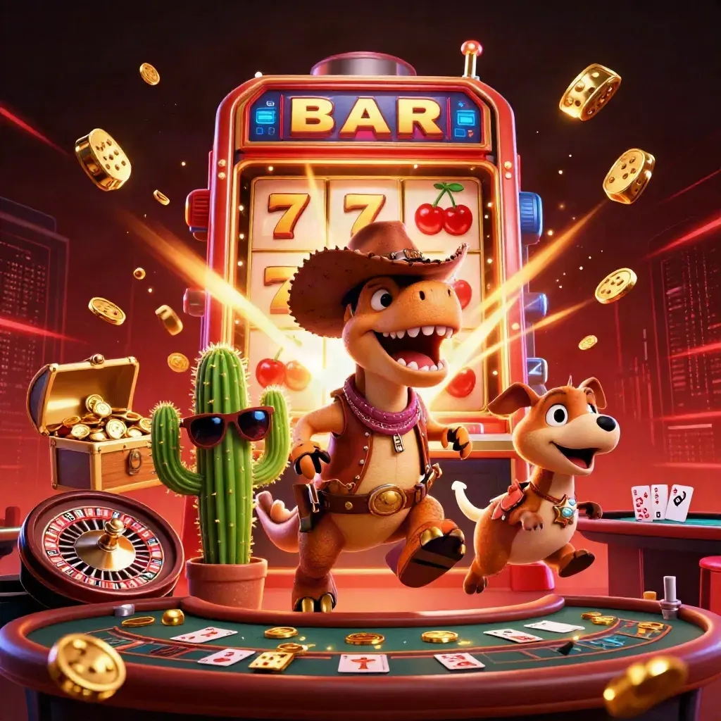 Cartoon cowboy T-Rex, cactus and roadrunner amid exploding slots, coins, dice and neon casino lights