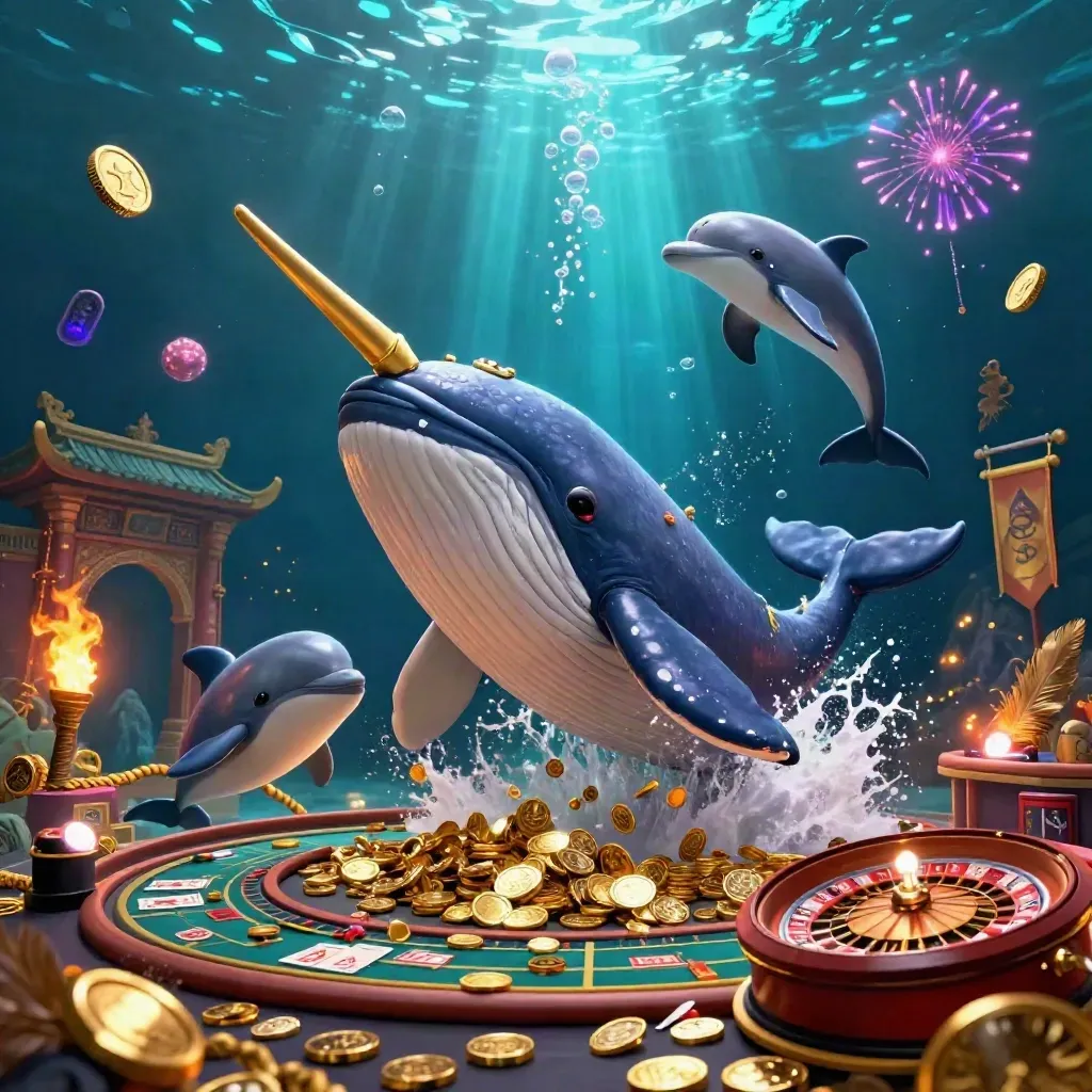 Whale captain, narwhal, and dolphins amid coins, temple gate, roulette wheel, and glowing casino effects.