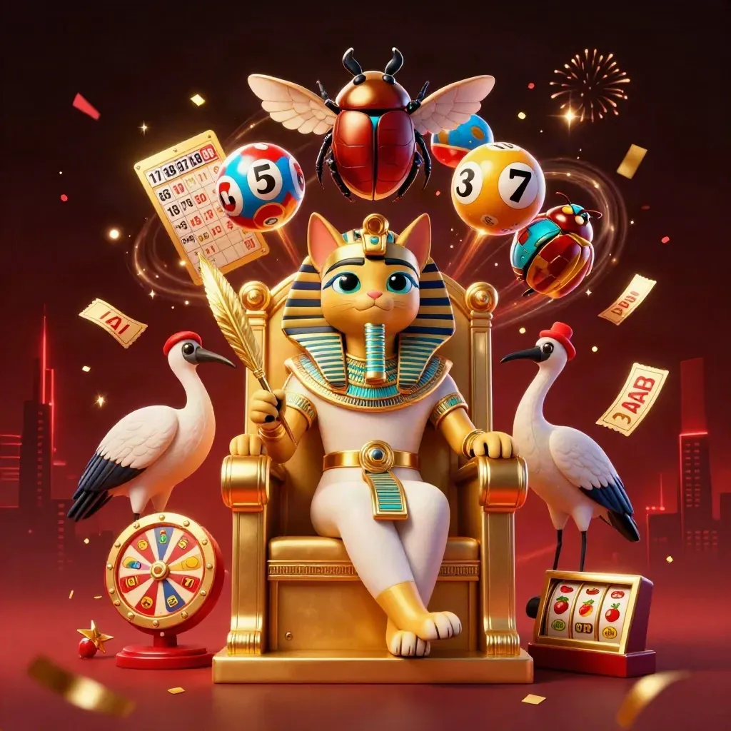 Pharaoh cat on throne with ibis scribe, scarabs, reels, bingo card, balls, wheel, and gold confetti.