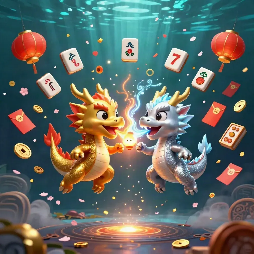 Gold and silver dragons spiral around a lantern spirit amid casino luck symbols and glowing underwater light.