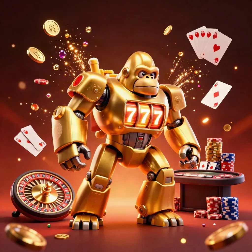 Golden gorilla mech with monkey pilot, coins, roulette wheel, chips and cards bursting in casino neon.