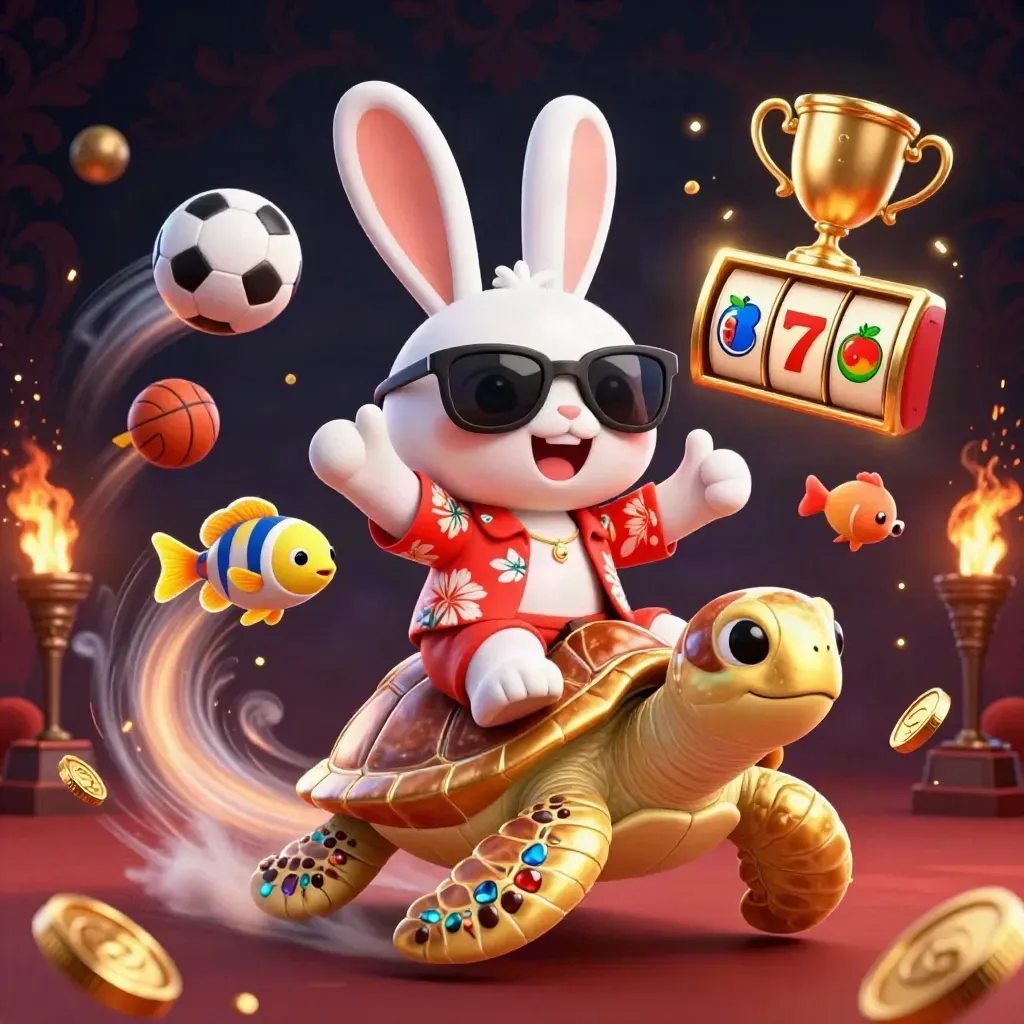 Lucky rabbit rides a jeweled sea turtle amid casino icons, coins, and tropical sparks.