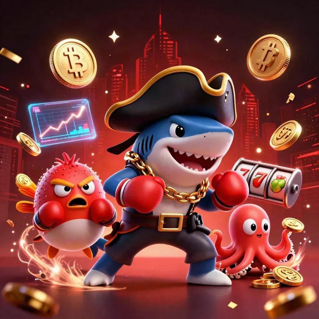 Pirate shark, boxing pufferfish and coin-juggling octopus amid casino neon and gold coins.